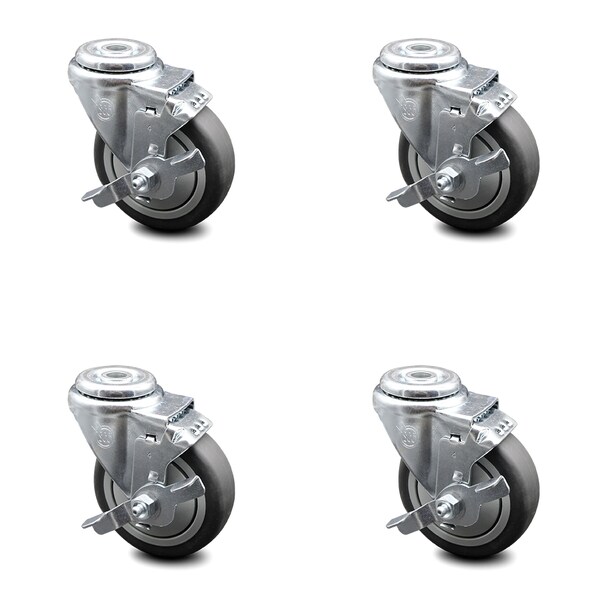 4 Inch Thermoplastic Rubber Wheel Swivel Bolt Hole Caster Set with Brake SCC